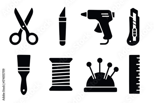 Crafting Tools Icon Set. Vector black symbols of scissors, ruler, thread, pins, and creative work glyph illustrations