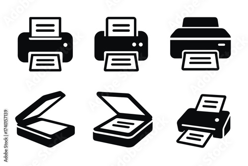 Printer and scanner icon set. Vector black symbols of office machines and copying