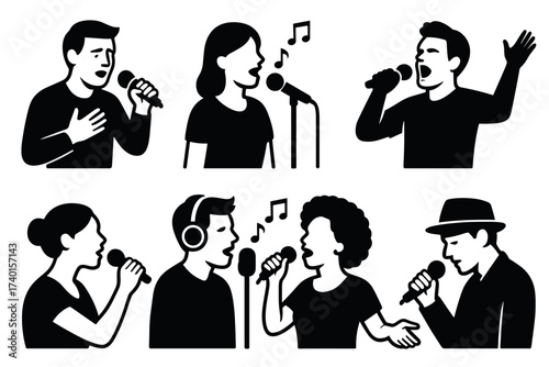 Singer and vocalist icon set. Vector black symbols of people singing and performance