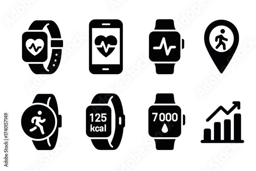 Fitness tracker and smartwatch icon set. Vector black symbols of wearable health technology