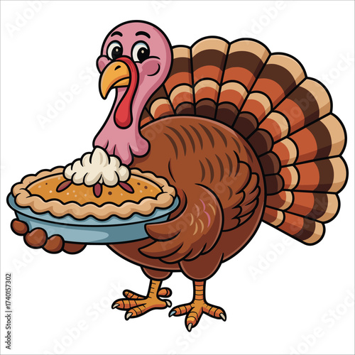 Happy cartoon turkey holding a delicious pumpkin pie with whipped cream