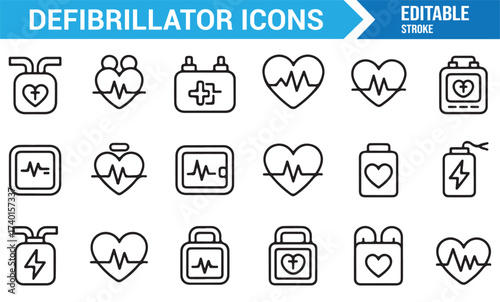 Medical and cardiology icon set with heart monitor and life-saving equipment