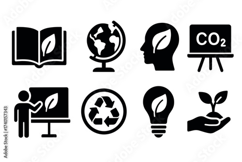 Climate change education icon set. Vector black symbols of environmental awareness and learning