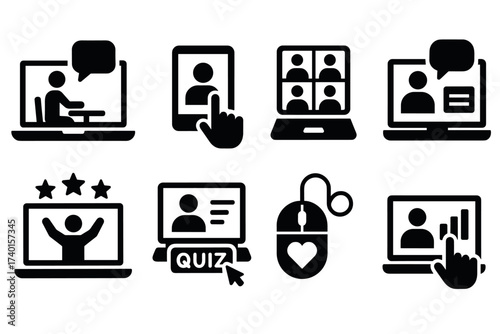 Online learning and e-course icon set. Vector black symbols of virtual classes and webinars