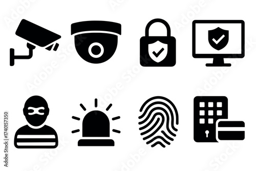 Security and Surveillance Icon Set. Vector black protection symbols of camera, alarm, lock, fingerprint, thief, siren, and monitoring illustrations