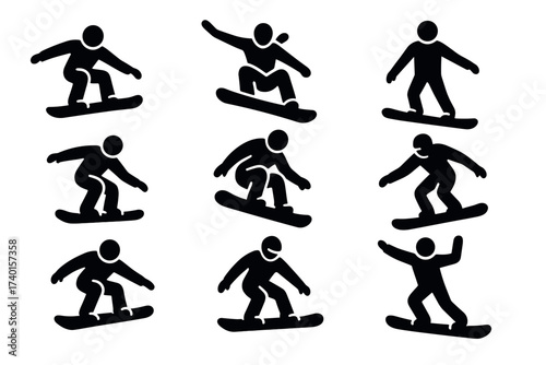 Snowboarding Icon Set. Vector black symbols of snowboard, jump, and winter sport glyph illustrations
