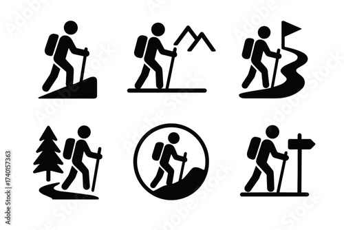 Hiking and trekking icon set. Vector black pictograms of outdoor adventure