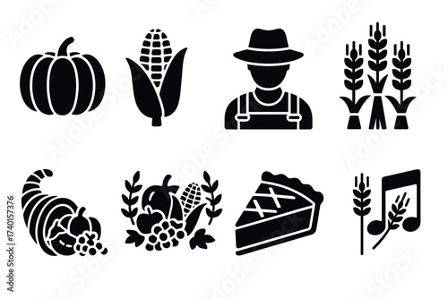 Harvest festival and Thanksgiving icon set. Vector black symbols of autumn and agriculture