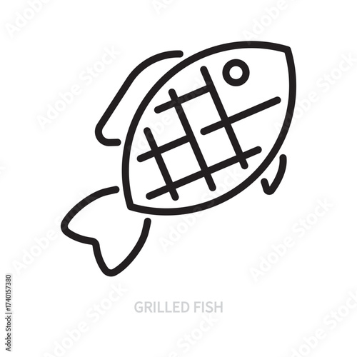 Grilled fish line icon, symbol. Food concept. Isolated on a white background. Editable stroke. Flat design. Vector illustration.