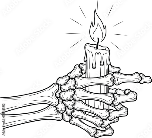 Skeleton hand holds a burning candle in line art style