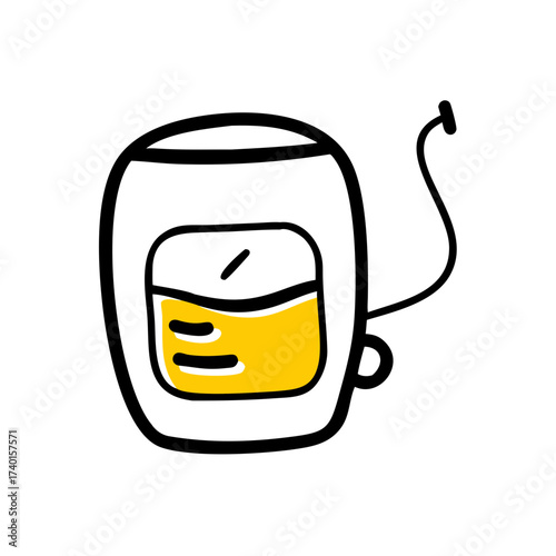 Cartoon-style teapot with yellow liquid and a tea bag string  