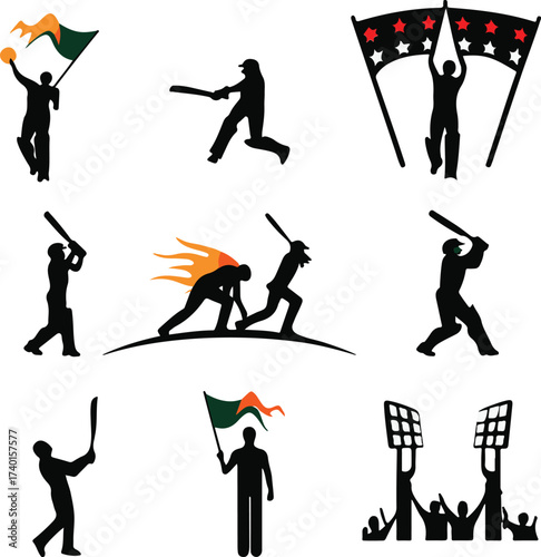 Cricket players in action with flags, fire effect, and crowd silhouettes holding floodlights Keywords: cricket, players, action, sport, game, silhouette, flag, waving, fire, flames, running