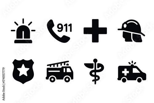 Emergency services icon set. Vector black symbols of police, fire, and medical response