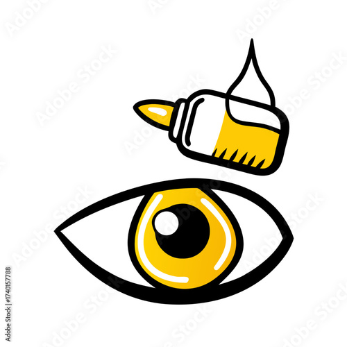 Eye with dropper bottle dispensing yellow eye drops  
