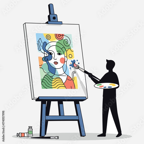 Artist Creating Modern Portrait on Easel with Brush Strokes