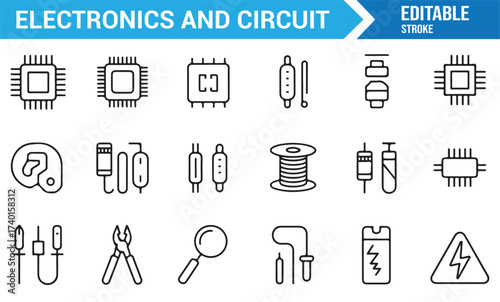 Editable stroke electrical circuit icon pack for innovation and energy themes