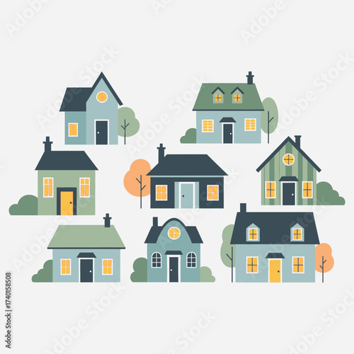 Collection of charming, cozy houses featuring diverse architectural styles, nestled amongst lush greenery, creating a picturesque neighborhood scene