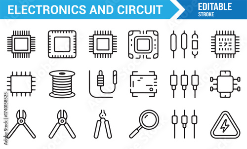 Circuit and microchip outline icons collection for tech and electric illustrations