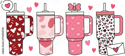 Festive valentine s day tumbler cup design with hearts and romantic elements
