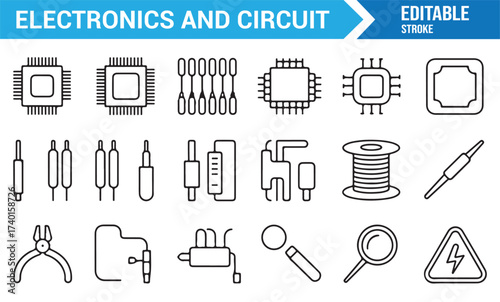 Editable stroke electronic circuit icons pack for digital and hardware design