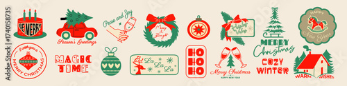 Vintage Christmas logo set. Hand drawn New Year lettering and holiday doodle design. Festive typographic template for greeting cards, posters, invitations, and cozy winter decor. Vector illustration.