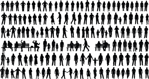 Human silhouette grid, diverse poses, social interaction, black and white contrast, family grouping, vector illustration, emotional theme, demographic concept