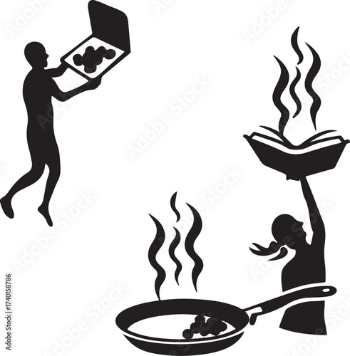Silhouettes of people cooking and presenting food with steam and a laptop presentation
