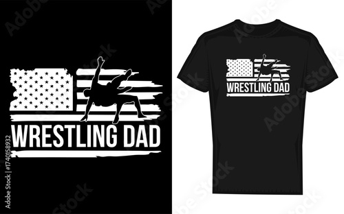 Vintage patriotic wrestling dad silhouette art banner advertisement featuring wrestlers and american flag elements for a classic sports theme
