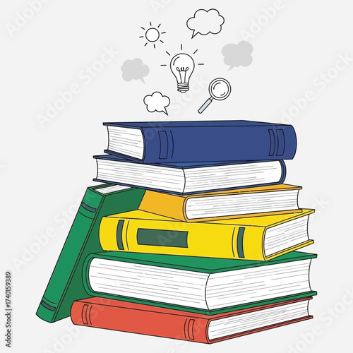 Stack of Books with Lightbulb and Magnifying Glass Illustrating Knowledge and Discovery