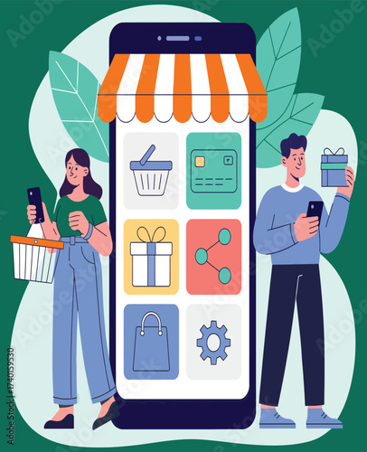 Illustration of people using a mobile app for online shopping with various icons displayed on screen