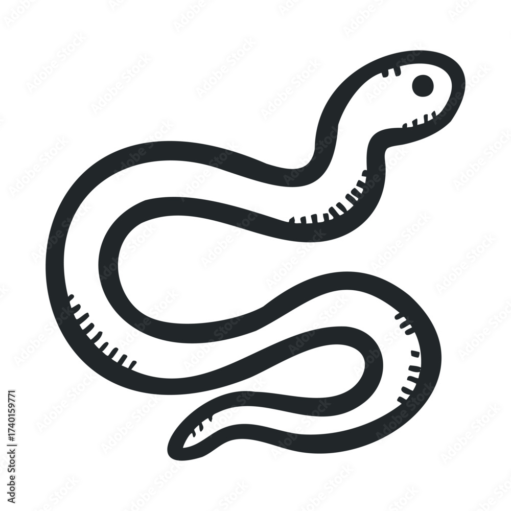 Fototapeta premium Simple black and white cartoon snake illustration on white background