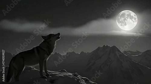 Wolf Howling at Full Moon in Mountain Landscape
