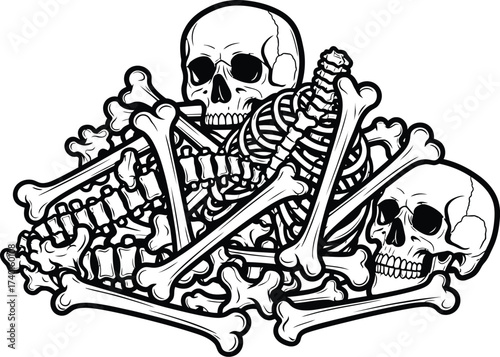 Pile of monochrome skulls and bones illustration on white