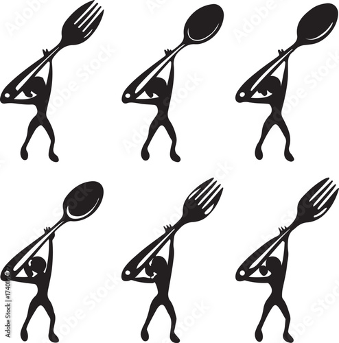 Six Silhouettes Of People Holding Up Forks And Spoons In Various Poses person