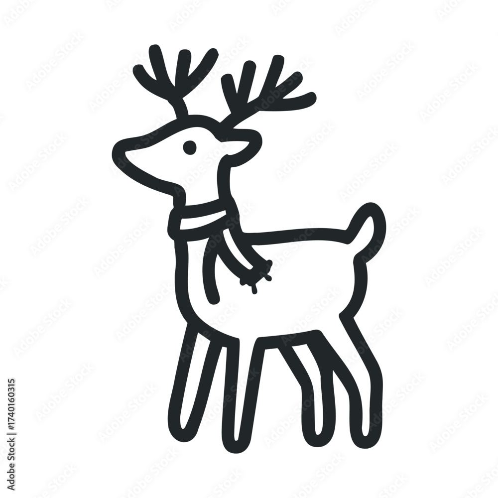 Fototapeta premium Simple line art of reindeer with antlers and scarf