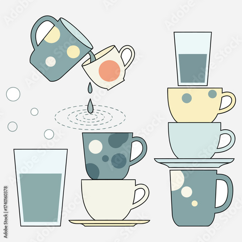 Illustrated cups and glasses with water in them for drinks and beverages