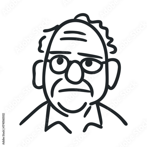 Ink drawing of elderly caucasian male with glasses and balding hair