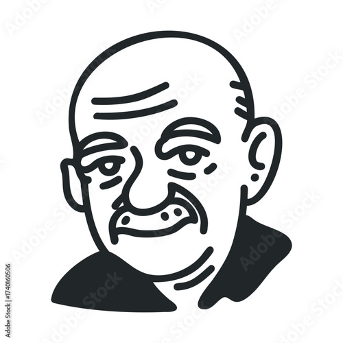 Black and white illustration of a bald elderly caucasian male face