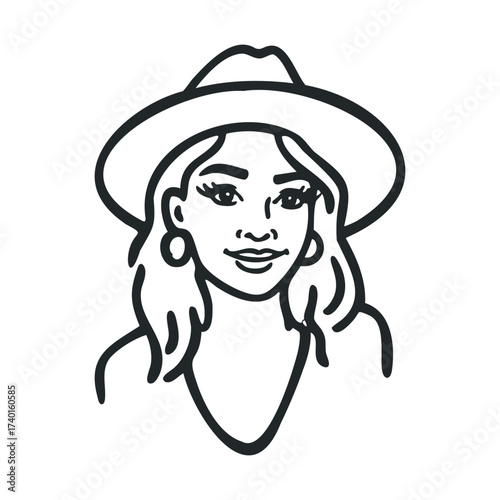 Young caucasian female wearing hat and earrings sketch illustration