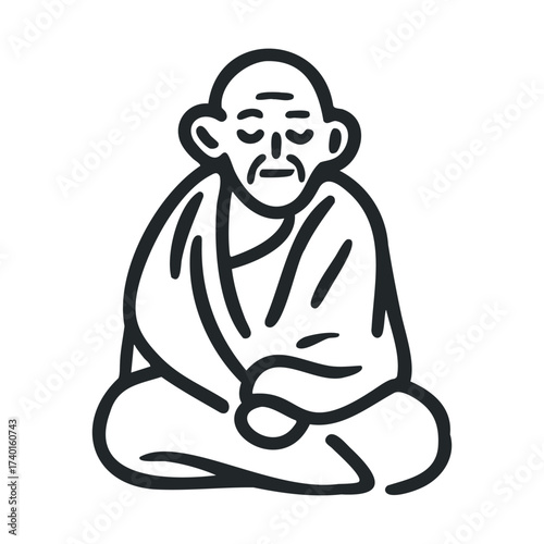 Illustration of elderly male monk in meditation pose with robes