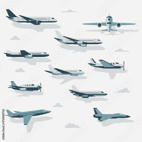 A collection of various types of aircraft, including commercial jets, propeller planes, and fighter jets, against a cloudy sky