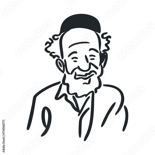 Elderly caucasian male with beard and hat line drawing illustration