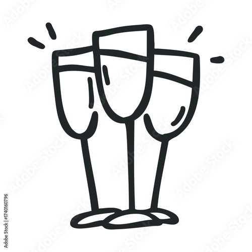 Hand-drawn celebration glasses trio in simple black and white