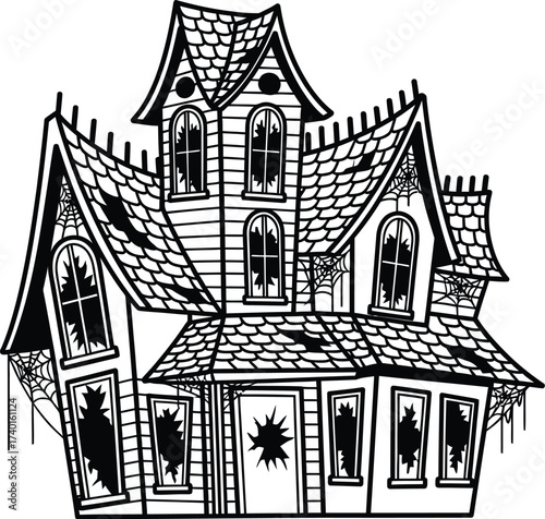 Spooky haunted house illustration with broken windows and webs