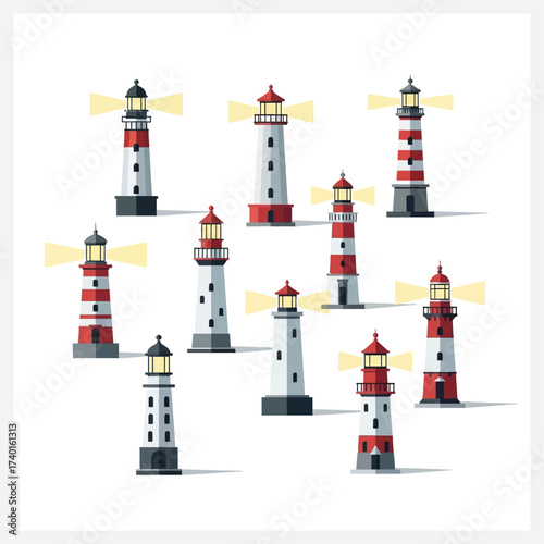A collection of various lighthouses, each emitting a bright beam of light, set against a white background, symbolizing guidance and safety at sea