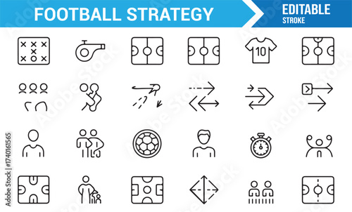 Football and soccer strategy line icons set for team planning and coaching design