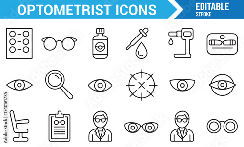 Professional editable stroke icon set of eye doctor, chart, and lens equipment