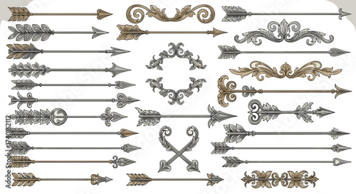 Ornate vintage arrows and baroque scrollwork elements. Decorative vector illustration svg design.