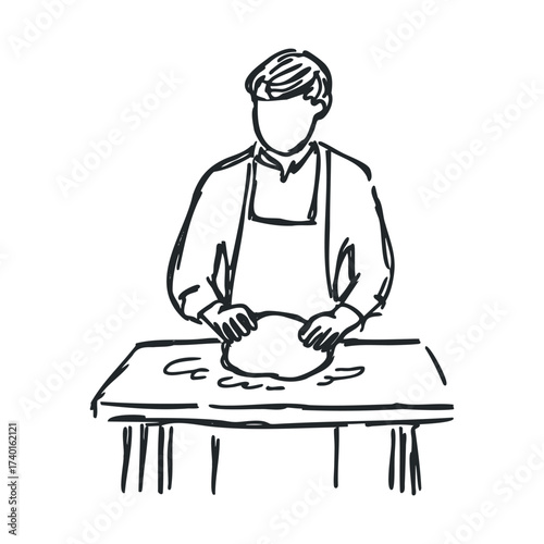 Male baker crafting dough in kitchen sketch illustration