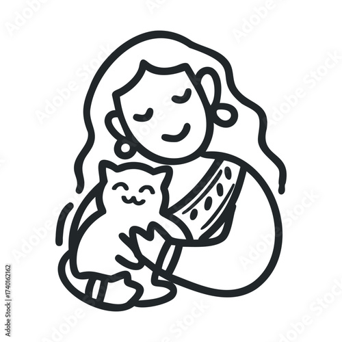Cheerful adult asian female holding a cat illustration with flowing hair and earrings